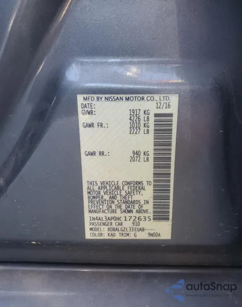 2017 Nissan Altima 2.5 из США, поврежденный, VIN 1N4AL3AP0HC172635